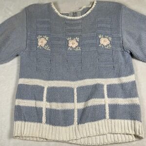 Vintage Higbee's Sweater Womens Medium Blue White Floral Knit Short Sleeve 80s